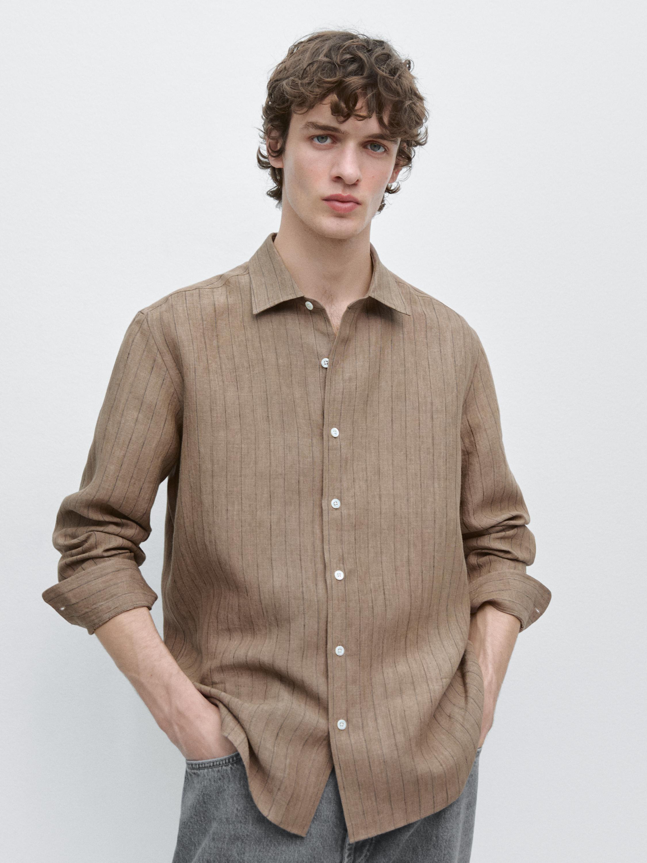 100% linen slim fit striped shirt
